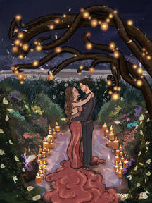 Love candle, illustration of 2 full-body couples with background scene